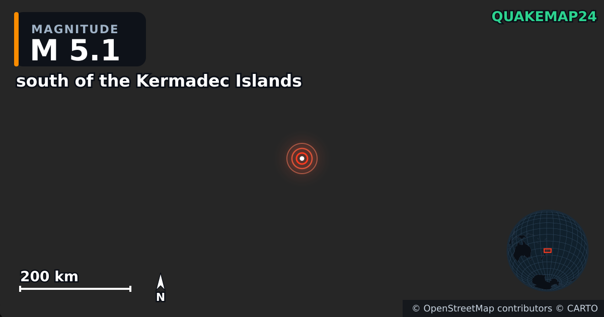 M5.1 earthquake near south of the Kermadec Islands on Oct 21, 2025 — map of epicenter and shaking intensity | QuakeMap24
