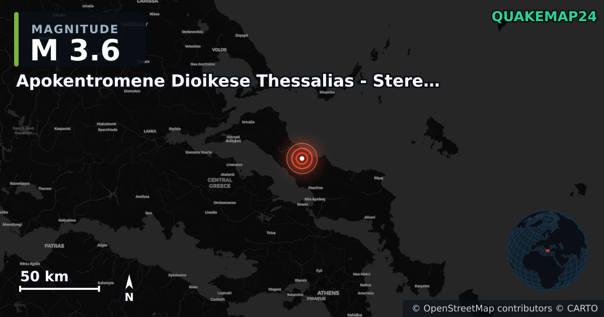 M3.6 earthquake near Apokentromene Dioikese Thessalias - Stereas Ellados on May 19, 2025 — map of epicenter and shaking intensity | QuakeMap24