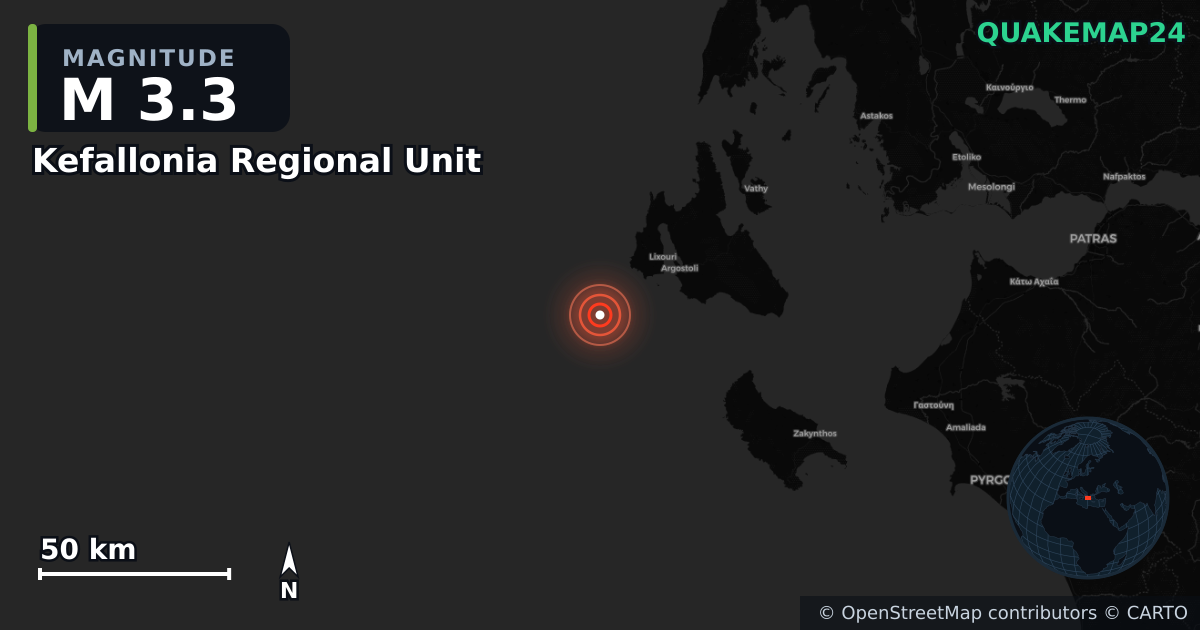 Kefallonia Regional Unit, Ioanian Islands (Yunanistan) yakınında M3,3 deprem · 2026-10-06 — Deprem merkez üssünün konumunu gösteren harita