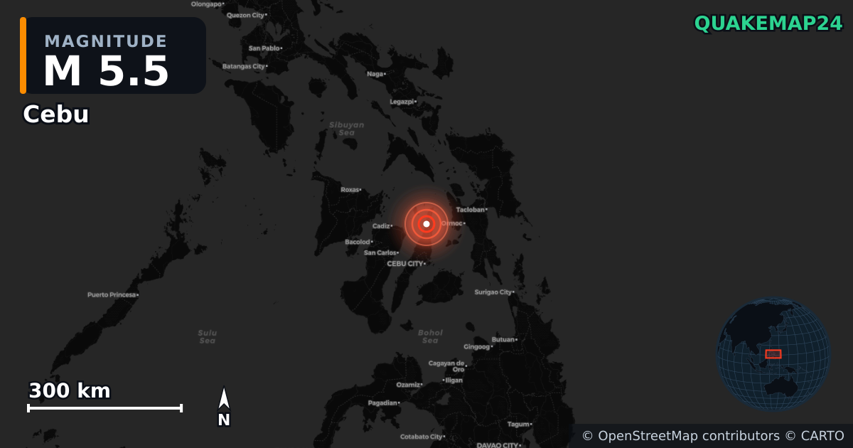 M5.5 earthquake near Cebu on Oct 12, 2025 — map of epicenter and shaking intensity | QuakeMap24
