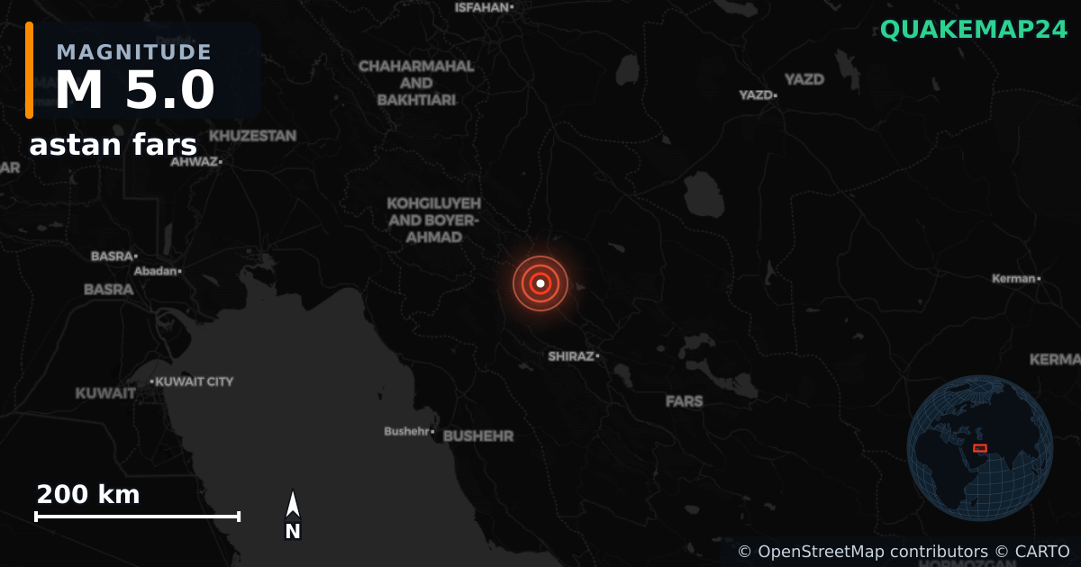 M5.0 earthquake near astan fars on Oct 21, 2025 — map of epicenter and shaking intensity | QuakeMap24