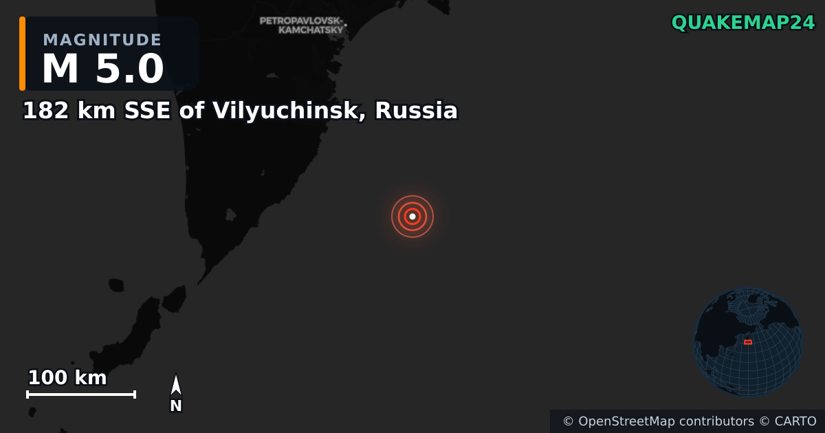 M5.0 earthquake near 182 km SSE of Vilyuchinsk, Russia on Jul 30, 2025 — map of epicenter and shaking intensity | QuakeMap24