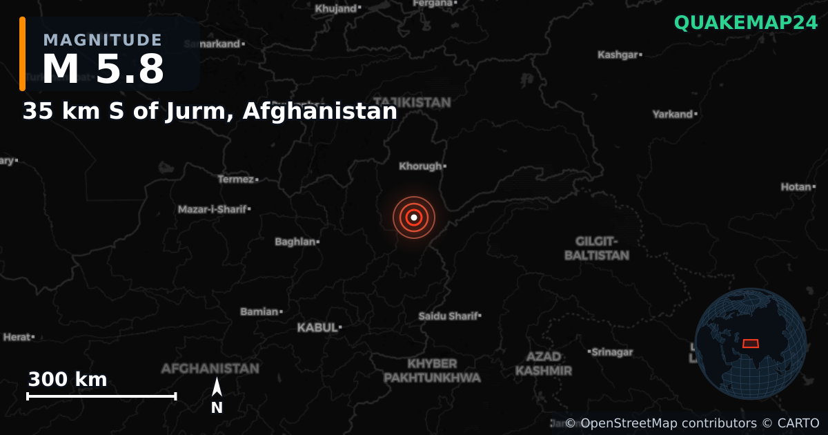 M5.8 earthquake near 35 km S of Jurm, Afghanistan on Apr 3, 2026 — map of epicenter and shaking intensity | QuakeMap24