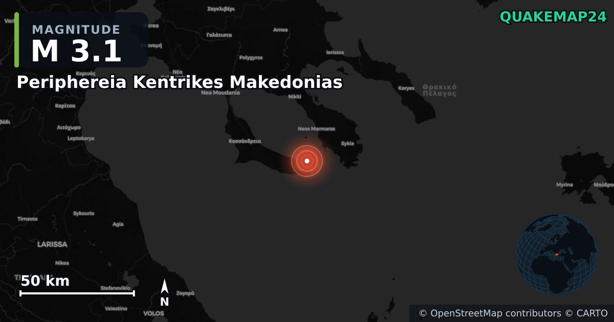 M3.1 earthquake near Periphereia Kentrikes Makedonias on Dec 14, 2025 — map of epicenter and shaking intensity | QuakeMap24