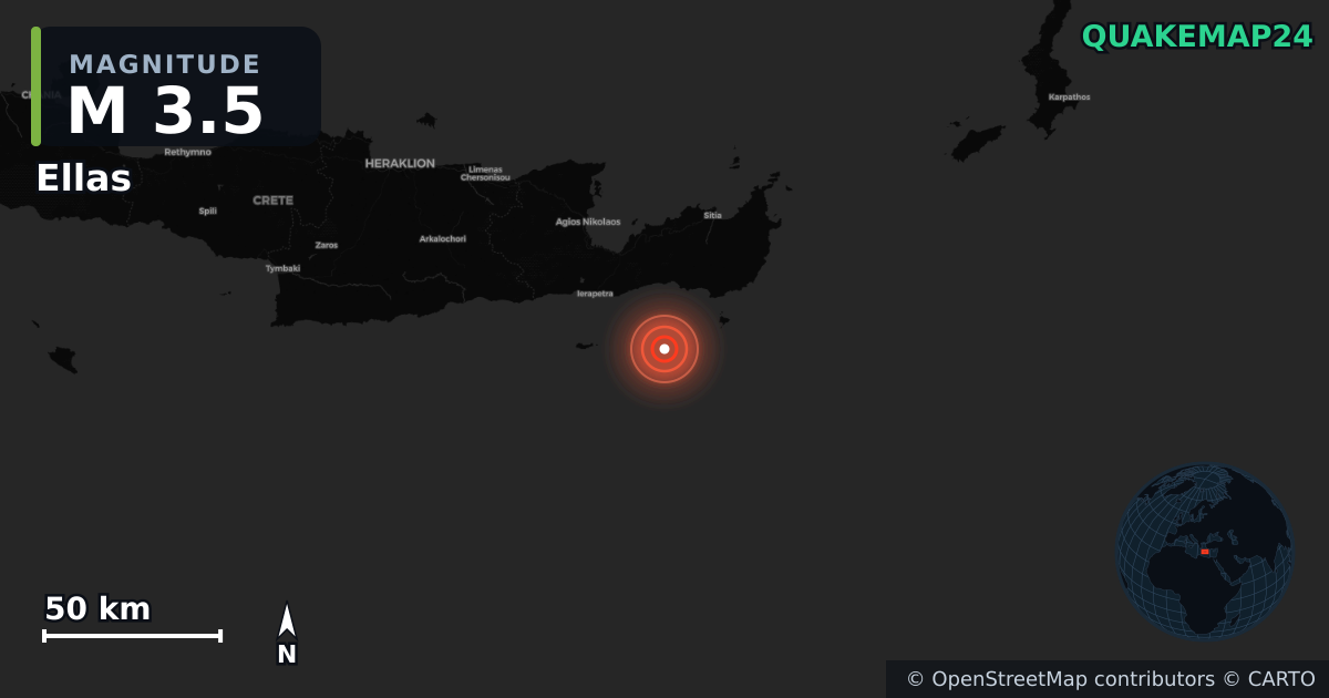 M3.5 earthquake near Ellas on May 21, 2026 — map of epicenter and shaking intensity | QuakeMap24