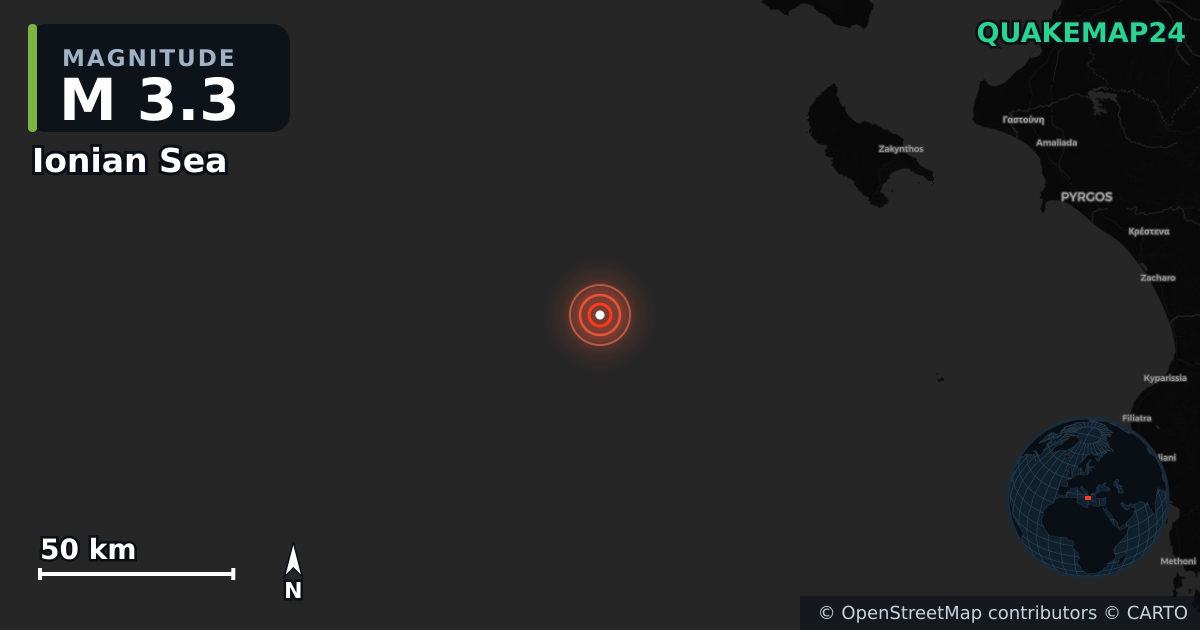 M3.3 Earthquake near Ionian Sea · 2025-12-16 — Map showing the location of the epicenter