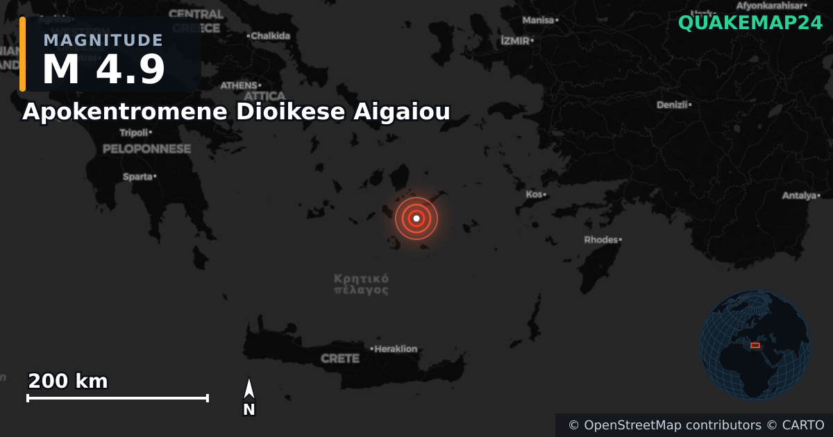 M4.9 earthquake near Apokentromene Dioikese Aigaiou on May 12, 2025 — map of epicenter and shaking intensity | QuakeMap24