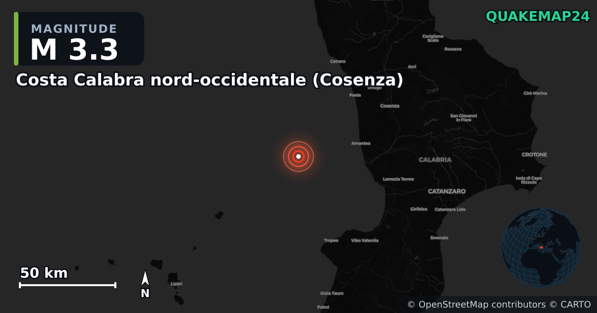 M3.3 earthquake near Costa Calabra nord-occidentale (Cosenza) on Apr 6, 2026 — map of epicenter and shaking intensity | QuakeMap24