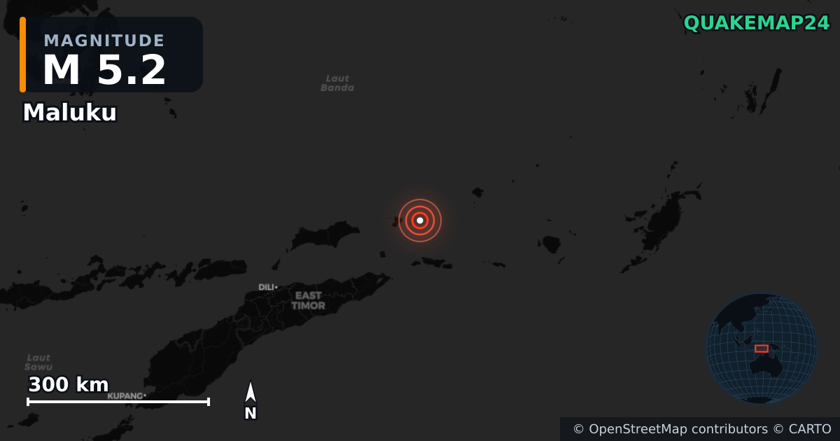 M5.2 earthquake near Maluku on Nov 2, 2025 — map of epicenter and shaking intensity | QuakeMap24