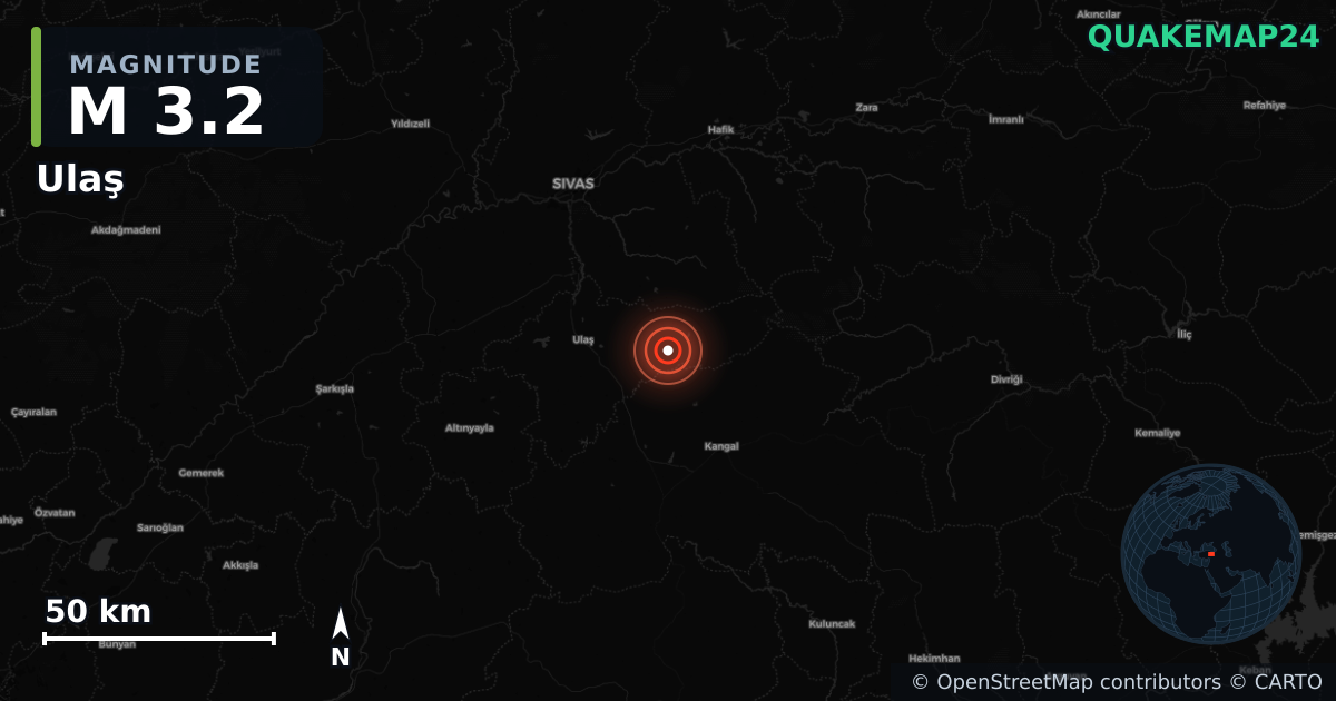 M3.2 earthquake near Ulaş on Jun 11, 2025 — map of epicenter and shaking intensity | QuakeMap24