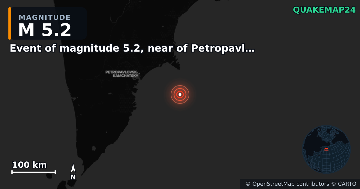 M5.2 earthquake near Event of magnitude 5.2, near of Petropavlovsk Kamchatskiy (Monde) on Nov 3, 2025 — map of epicenter and shaking intensity | QuakeMap24