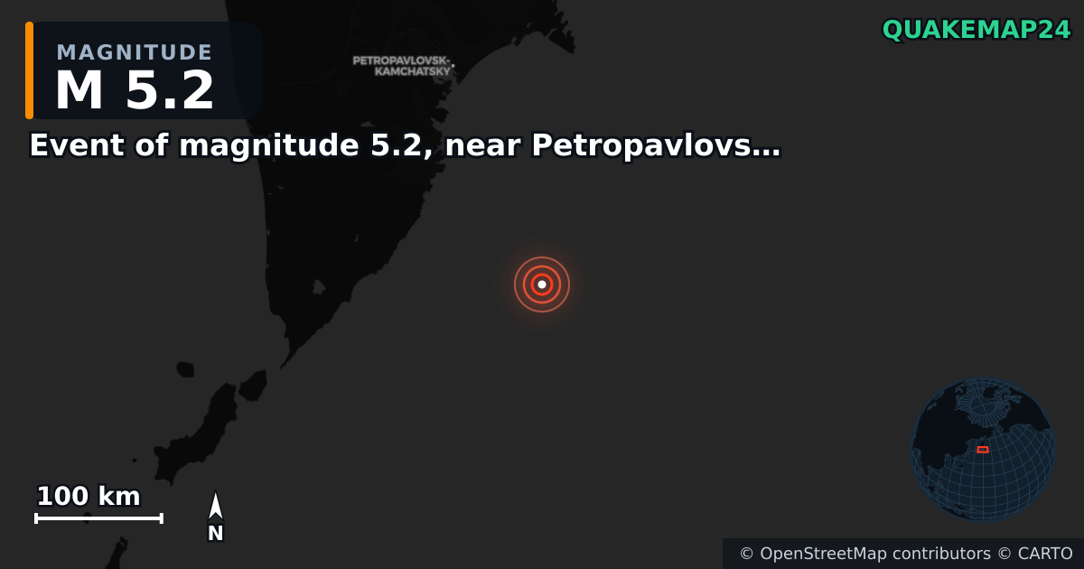 M5.2 earthquake near Event of magnitude 5.2, near Petropavlovsk Kamchatskiy (Monde) on Jun 3, 2026 — map of epicenter and shaking intensity | QuakeMap24
