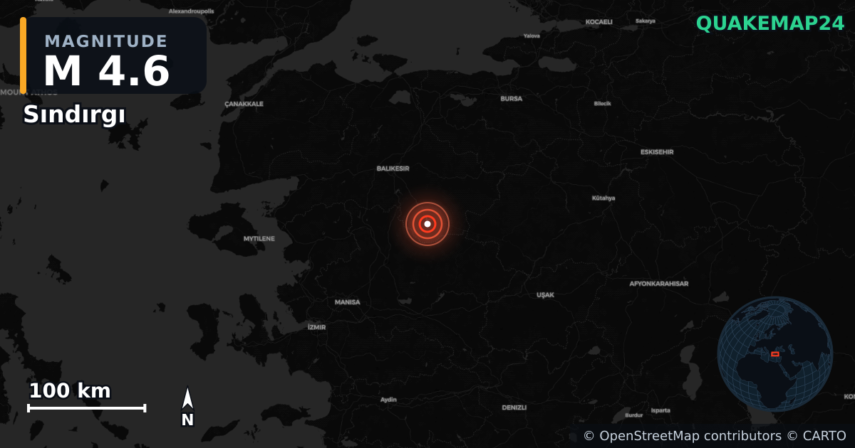 M4.6 earthquake near Sındırgı on Aug 24, 2025 — map of epicenter and shaking intensity | QuakeMap24