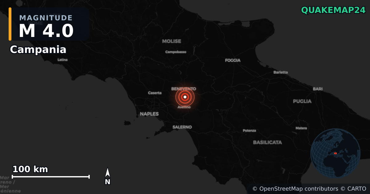 M4.0 earthquake near Campania on Oct 24, 2025 — map of epicenter and shaking intensity | QuakeMap24