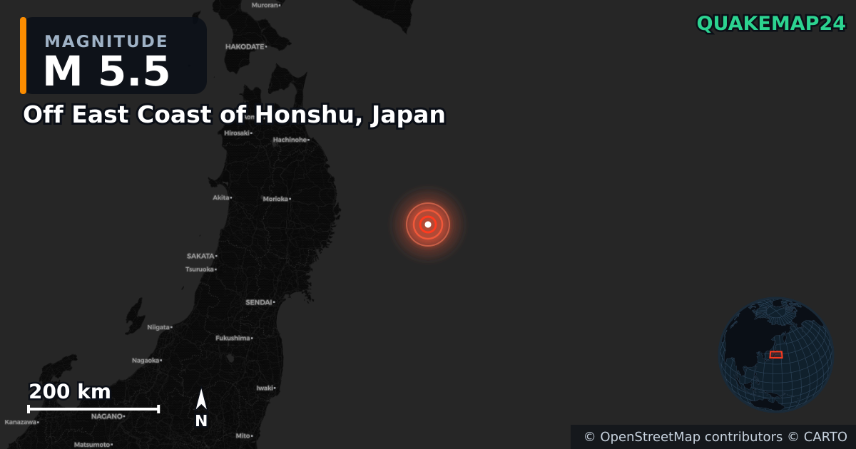 M5.5 earthquake near Off East Coast of Honshu, Japan on Nov 3, 2025 — map of epicenter and shaking intensity | QuakeMap24