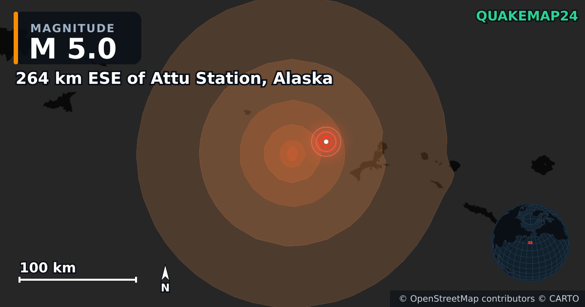 Erdbeben M5,0 bei 264 km ESE of Attu Station, Alaska — Karte der Lage des Epizentrums