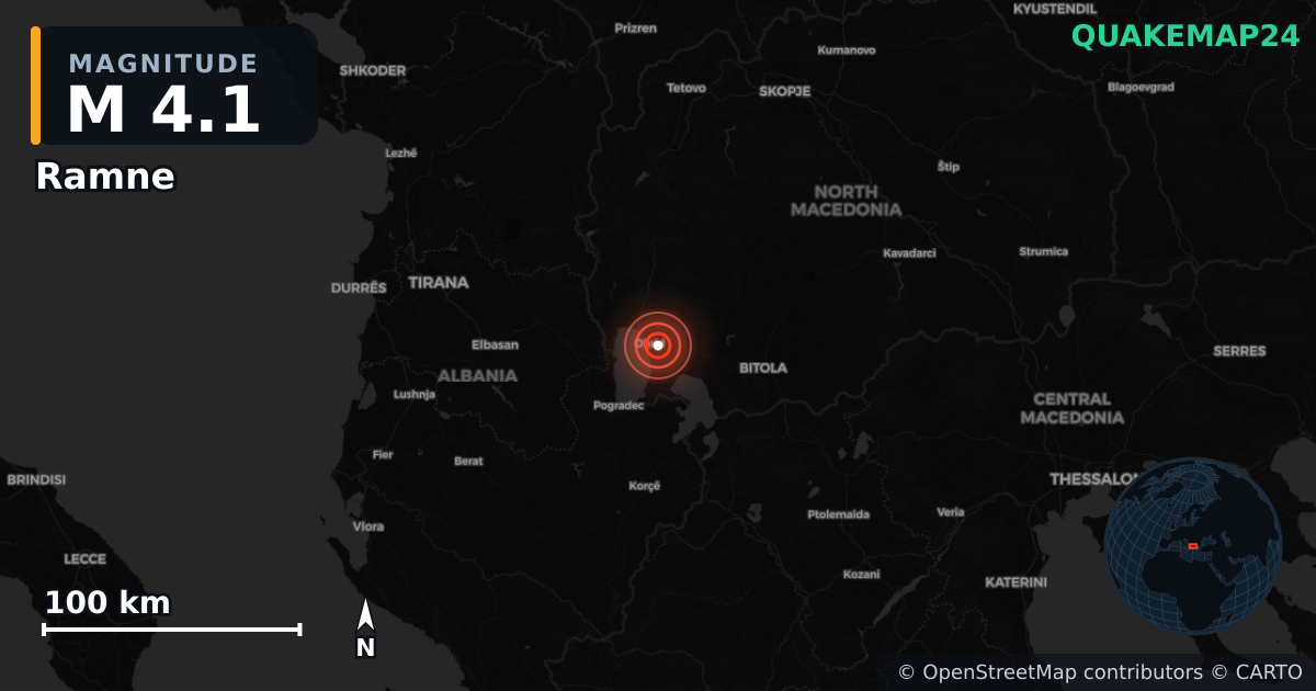 M4.1 earthquake near Ramne on Jun 16, 2025 — map of epicenter and shaking intensity | QuakeMap24