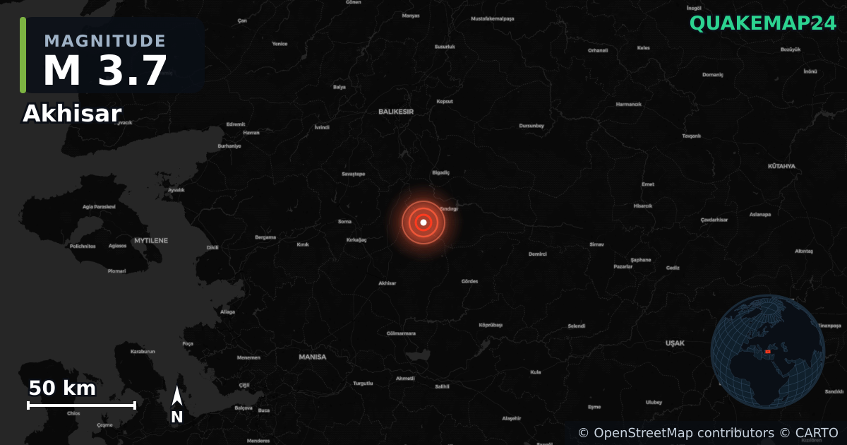 M3.7 earthquake near Akhisar on Aug 19, 2025 — map of epicenter and shaking intensity | QuakeMap24