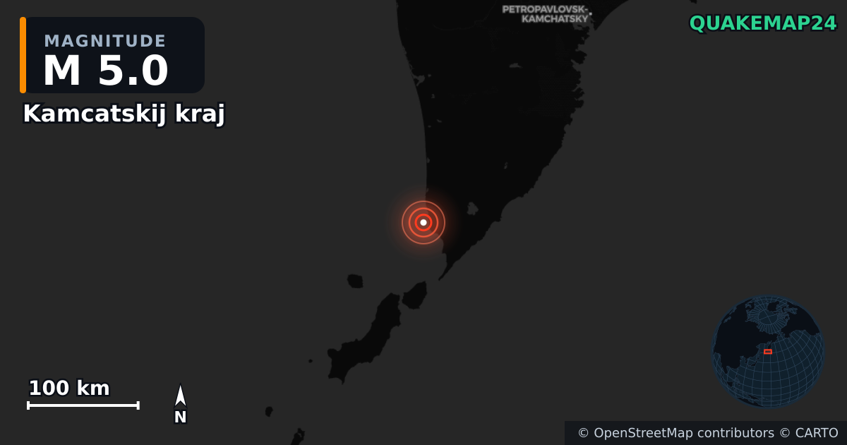 M5.0 earthquake near Kamcatskij kraj on Aug 8, 2025 — map of epicenter and shaking intensity | QuakeMap24
