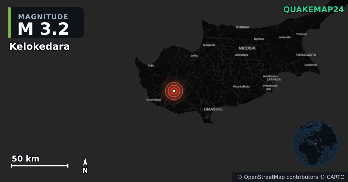 M3.2 earthquake near Kelokedara on Jan 8, 2026 — map of epicenter and shaking intensity | QuakeMap24