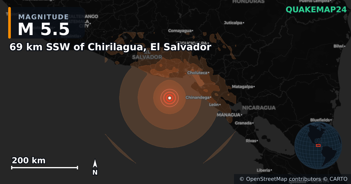 M5.5 earthquake near 69 km SSW of Chirilagua, El Salvador on Aug 13, 2026 — map of epicenter and shaking intensity | QuakeMap24