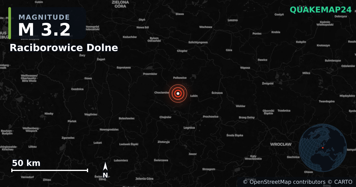 M3.2 earthquake near Raciborowice Dolne on Mar 4, 2025 — map of epicenter and shaking intensity | QuakeMap24
