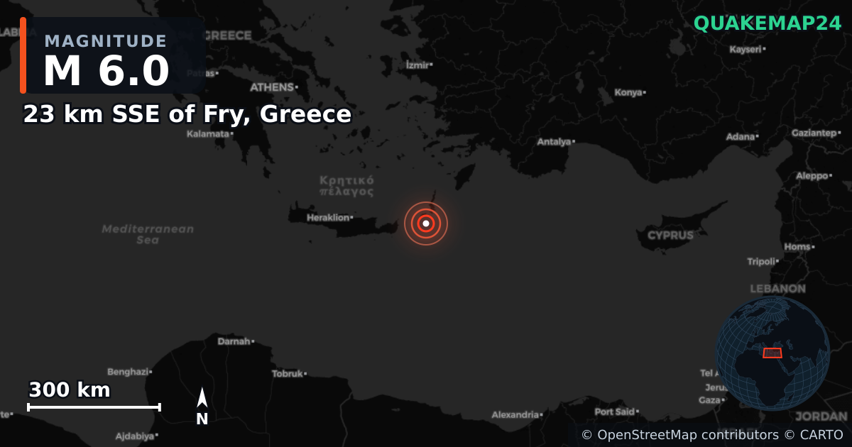 M6.0 earthquake near 23 km SSE of Fry, Greece on May 13, 2025 — map of epicenter and shaking intensity | QuakeMap24