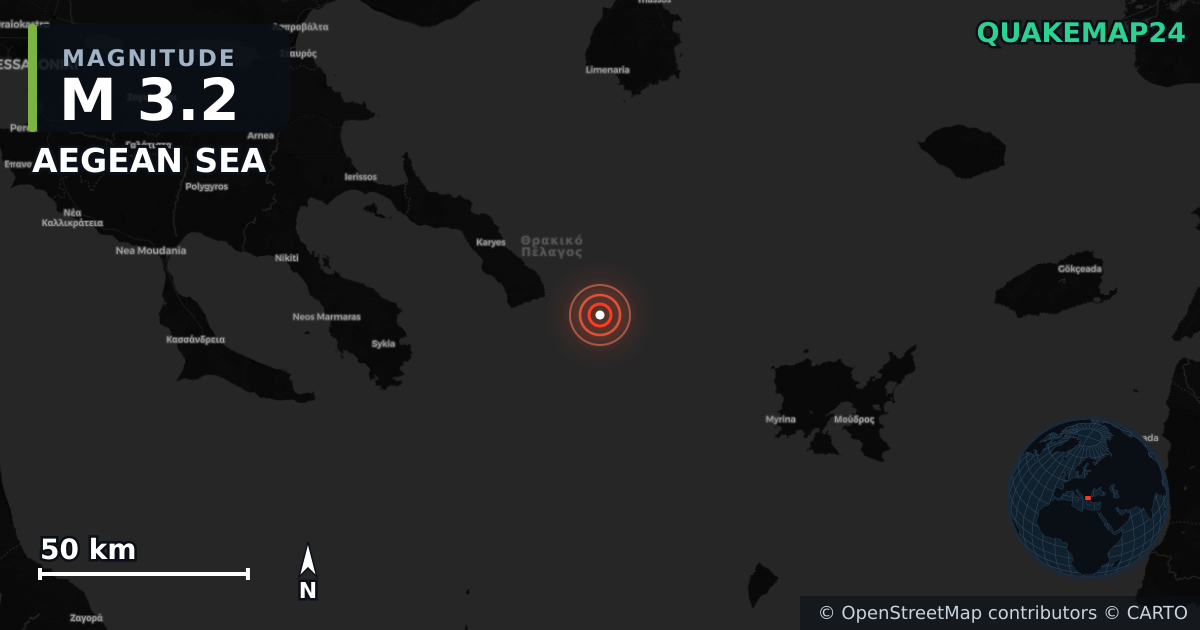 M3.2 earthquake near AEGEAN SEA on Jun 19, 2025 — map of epicenter and shaking intensity | QuakeMap24