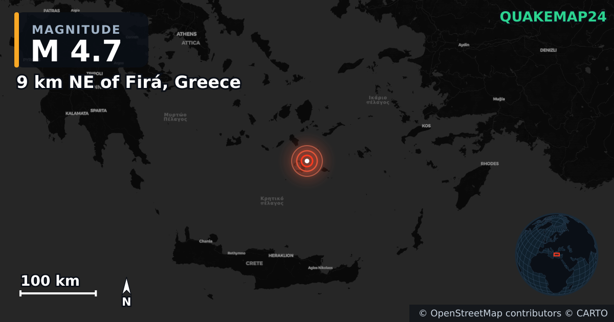 M4.7 earthquake near 9 km NE of Firá, Greece on Feb 9, 2025 — map of epicenter and shaking intensity | QuakeMap24