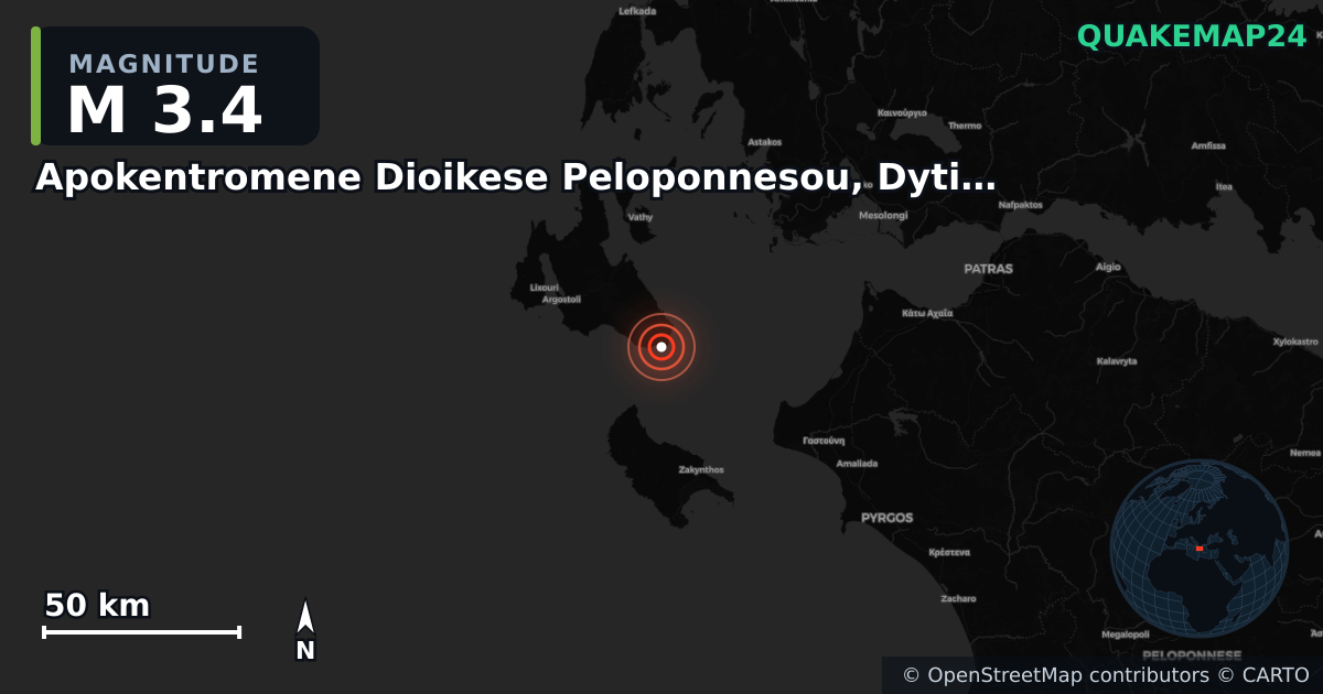 M3.4 earthquake near Apokentromene Dioikese Peloponnesou, Dytikes Elladas kai Ioniou on Nov 22, 2025 — map of epicenter and shaking intensity | QuakeMap24