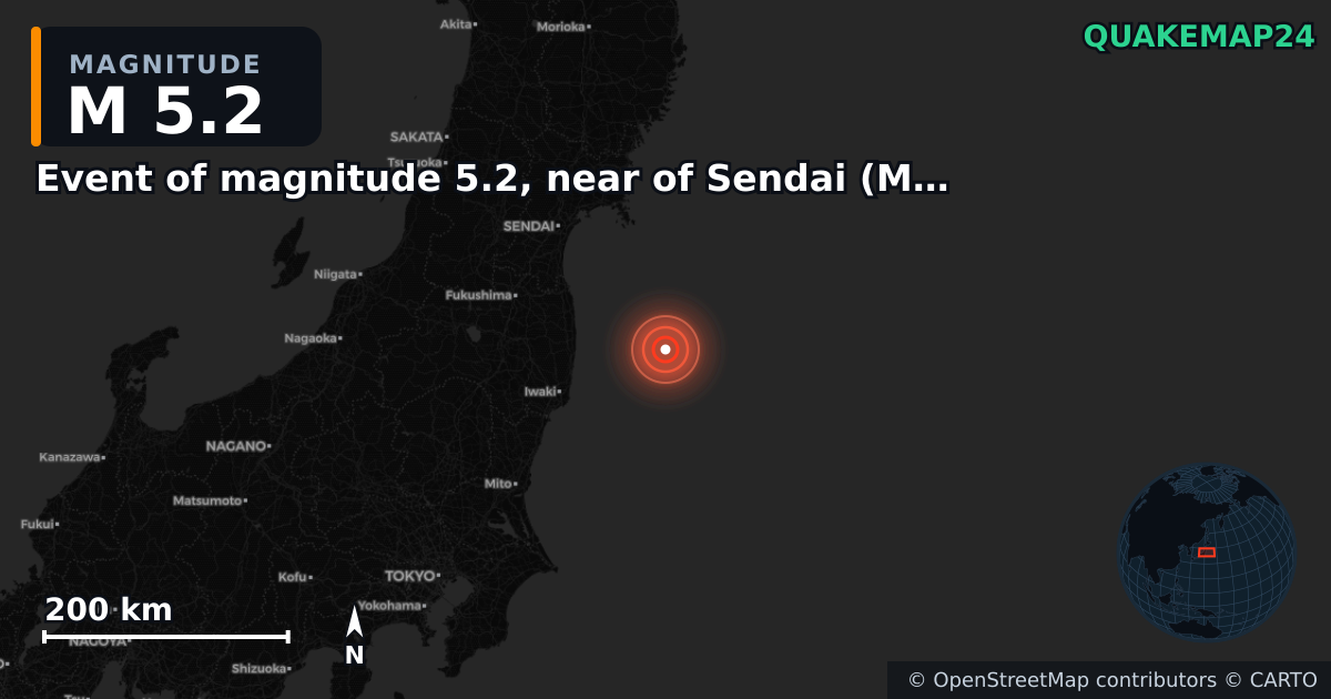 M5.2 earthquake near Event of magnitude 5.2, near of Sendai (Monde) on Oct 23, 2025 — map of epicenter and shaking intensity | QuakeMap24