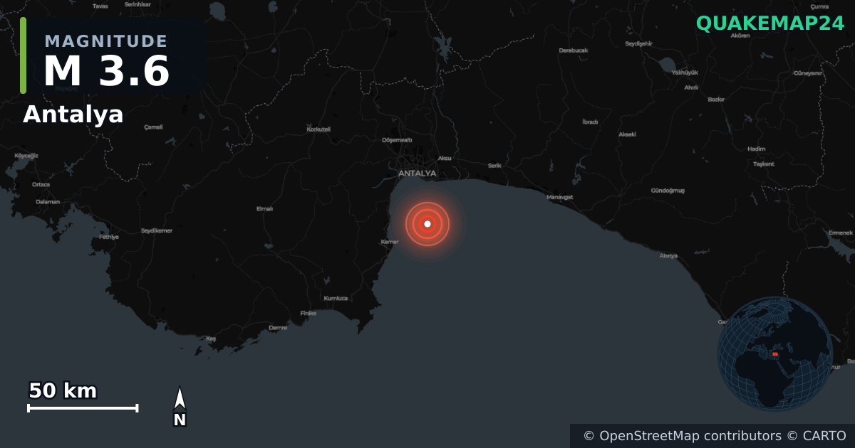 Terremoto de M3,6 cerca de Antalya (Turquía) · 2025-12-08 — Mapa de la ubicación del epicentro