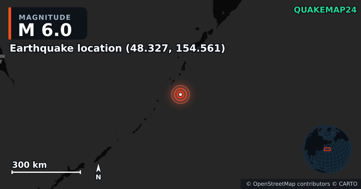 M6.0 earthquake near Τοποθεσία σεισμού (48.327, 154.561) on Feb 15, 2026 — map of epicenter and shaking intensity | QuakeMap24