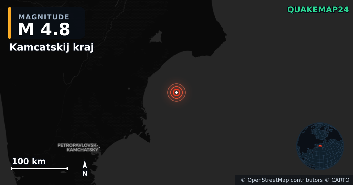 M4.8 earthquake near Kamcatskij kraj on Jul 29, 2025 — map of epicenter and shaking intensity | QuakeMap24