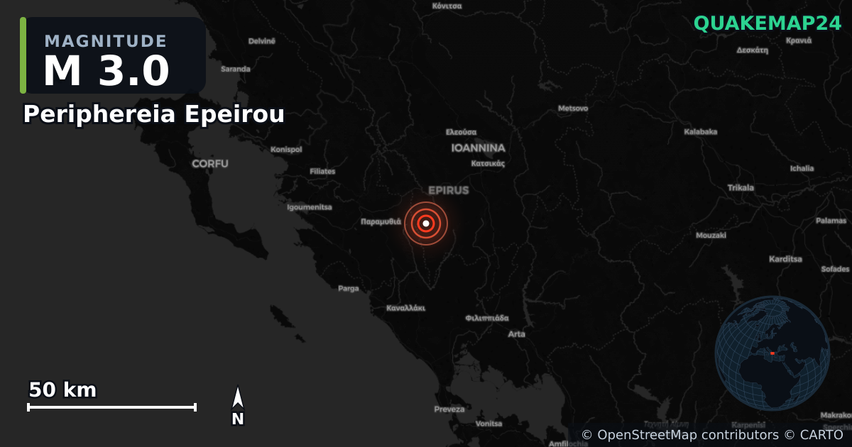 M3.0 earthquake near Periphereia Epeirou on Dec 6, 2025 — map of epicenter and shaking intensity | QuakeMap24