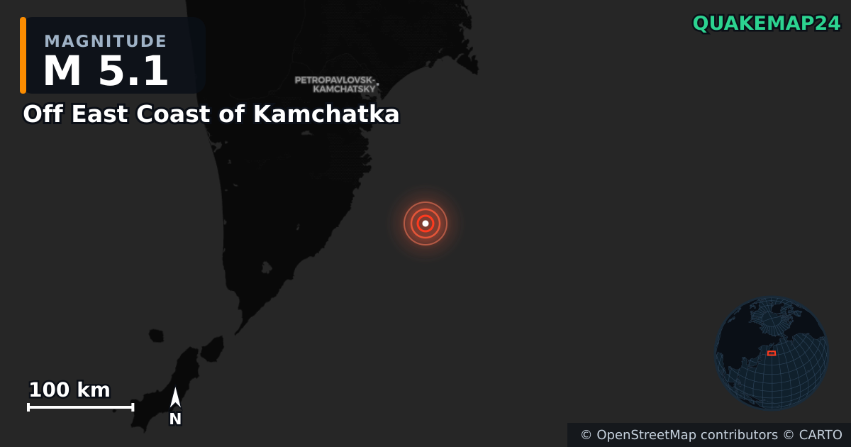M5.1 earthquake near Off East Coast of Kamchatka on Aug 7, 2025 — map of epicenter and shaking intensity | QuakeMap24