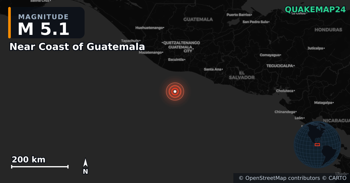 Near Coast of Guatemala yakınında M5,1 deprem — Deprem merkez üssünün konumunu gösteren harita