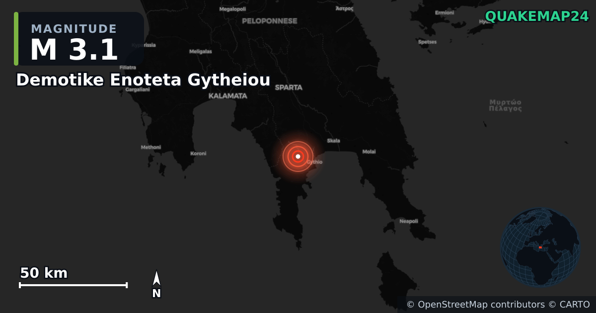 M3.1 earthquake near Demotike Enoteta Gytheiou on Nov 16, 2025 — map of epicenter and shaking intensity | QuakeMap24