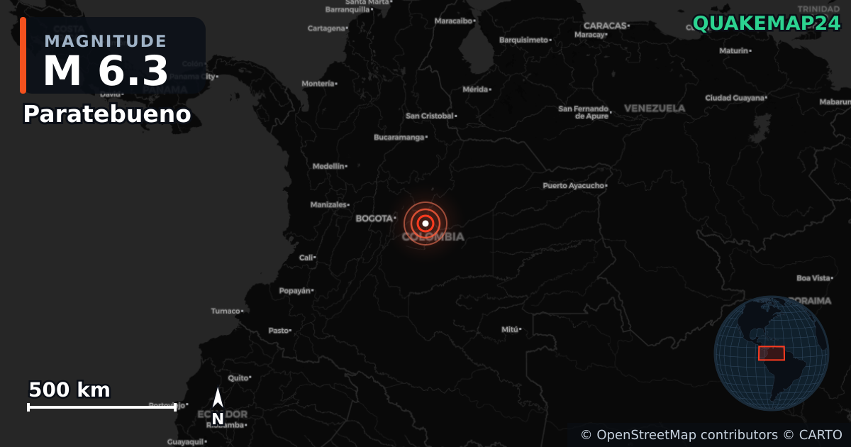 M6.3 earthquake near Paratebueno on Jun 8, 2025 — map of epicenter and shaking intensity | QuakeMap24