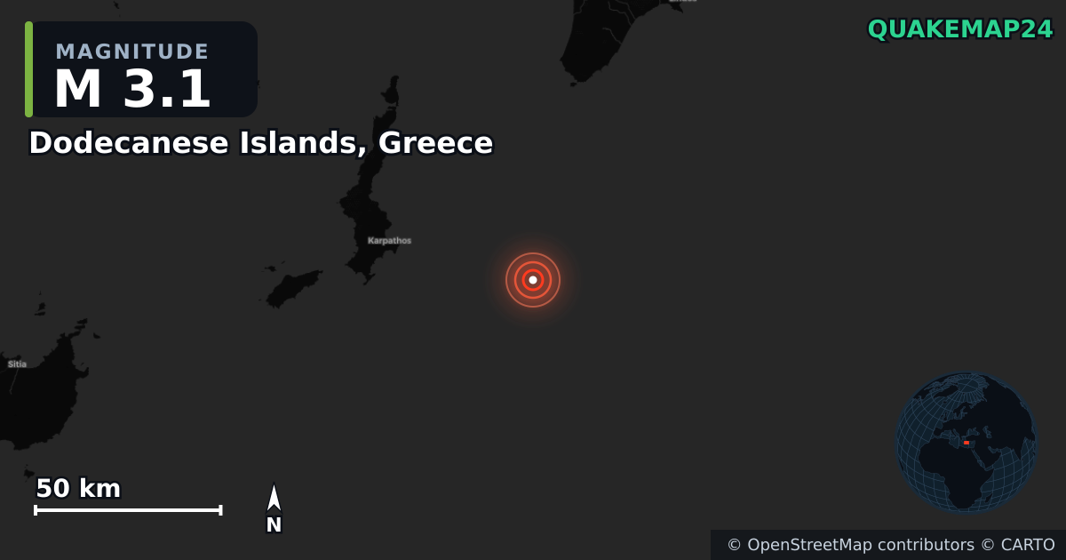 M3.1 earthquake near Dodecanese Islands, Greece on May 18, 2026 — map of epicenter and shaking intensity | QuakeMap24