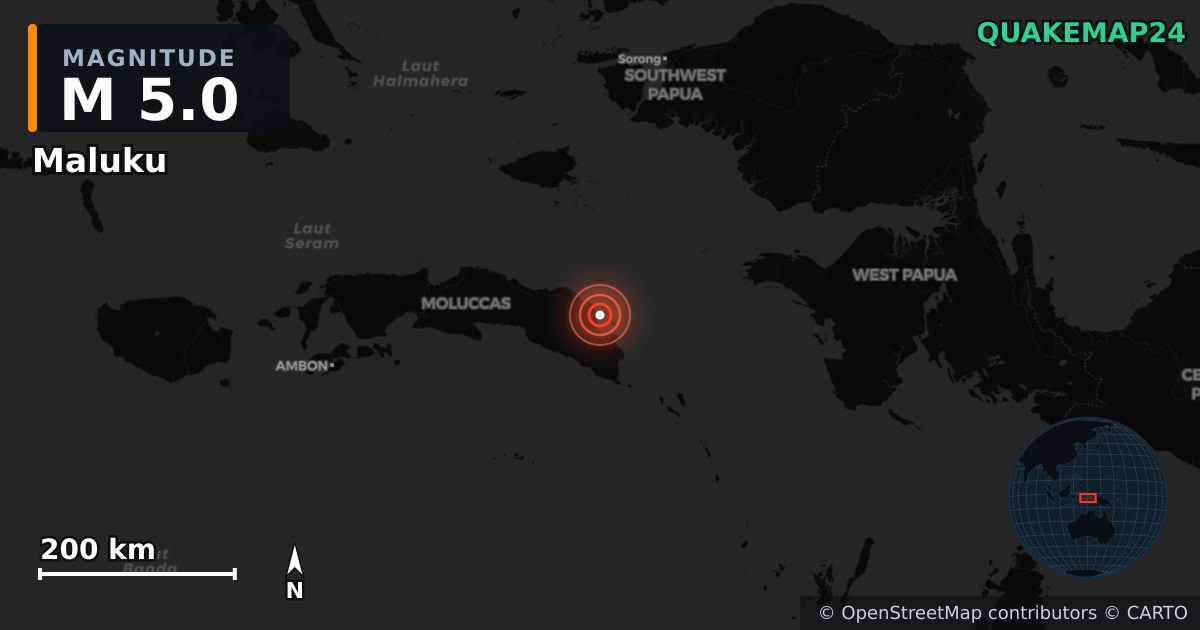 M5.0 earthquake near Maluku on Jul 28, 2025 — map of epicenter and shaking intensity | QuakeMap24