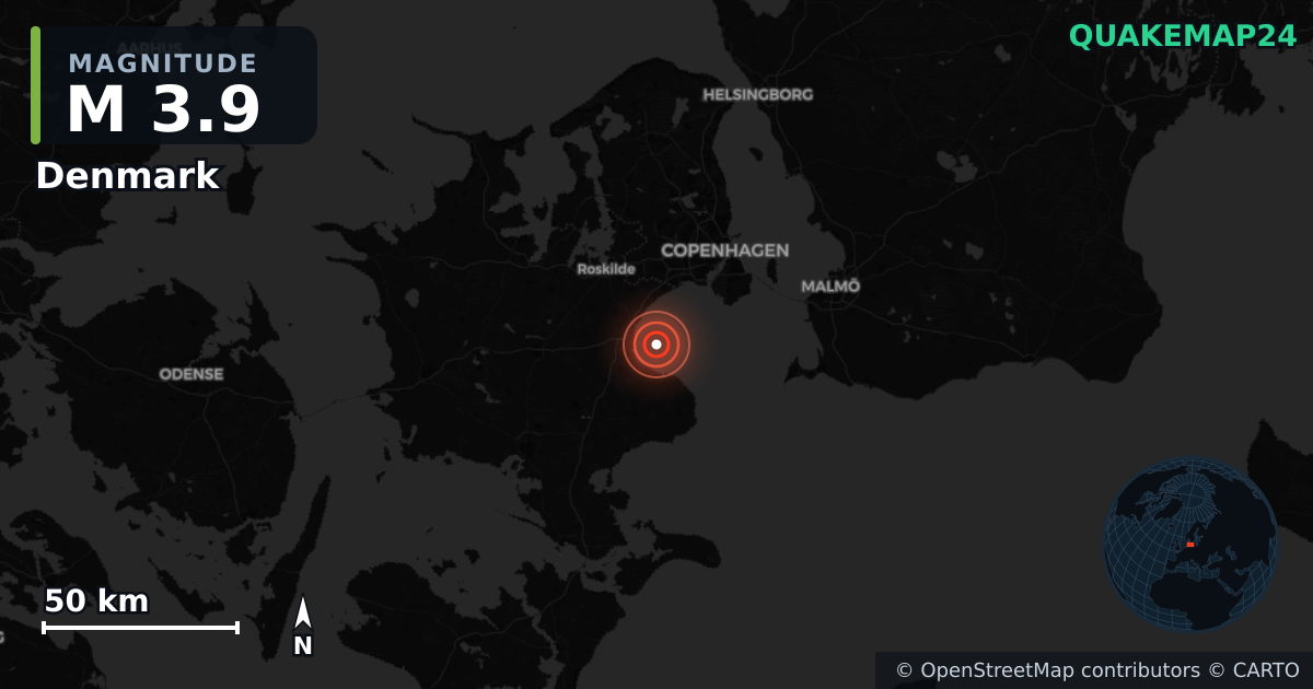 M3.9 earthquake near Denmark on May 20, 2026 — map of epicenter and shaking intensity | QuakeMap24