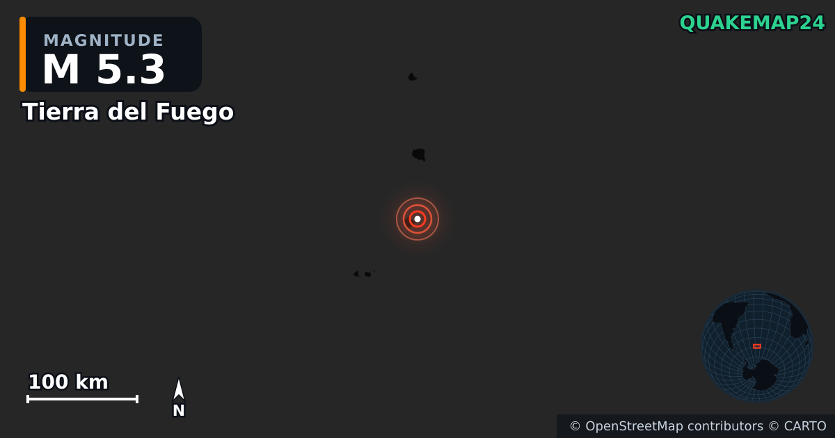 M5.3 earthquake near Tierra del Fuego on Jul 30, 2025 — map of epicenter and shaking intensity | QuakeMap24