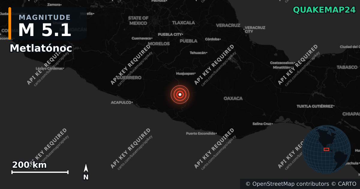 M5.1 earthquake near Metlatónoc on Jun 5, 2026 — map of epicenter and shaking intensity | QuakeMap24