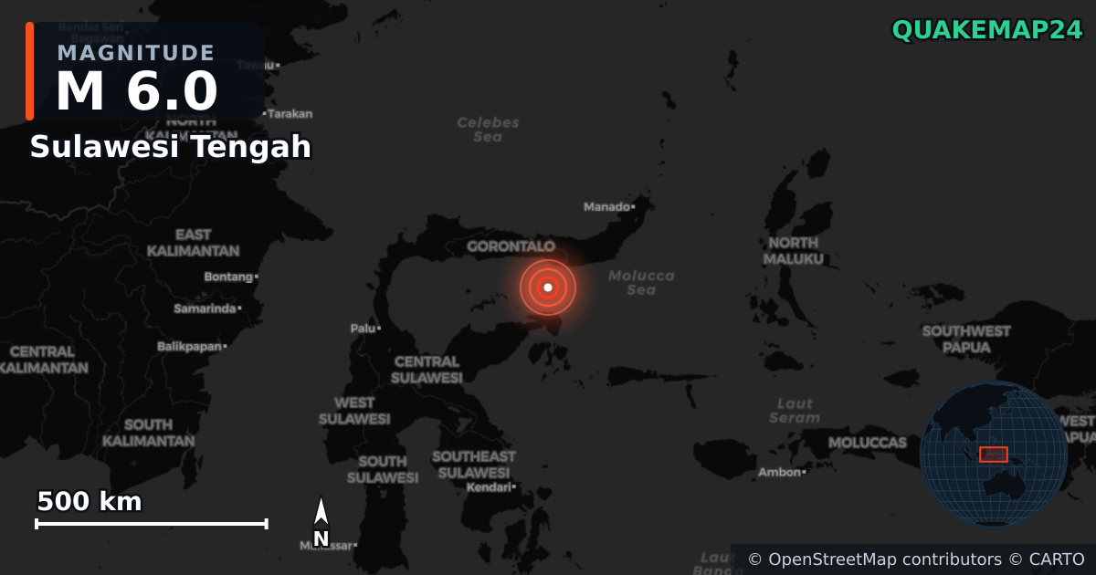M6.0 earthquake near Sulawesi Tengah on Nov 4, 2025 — map of epicenter and shaking intensity | QuakeMap24
