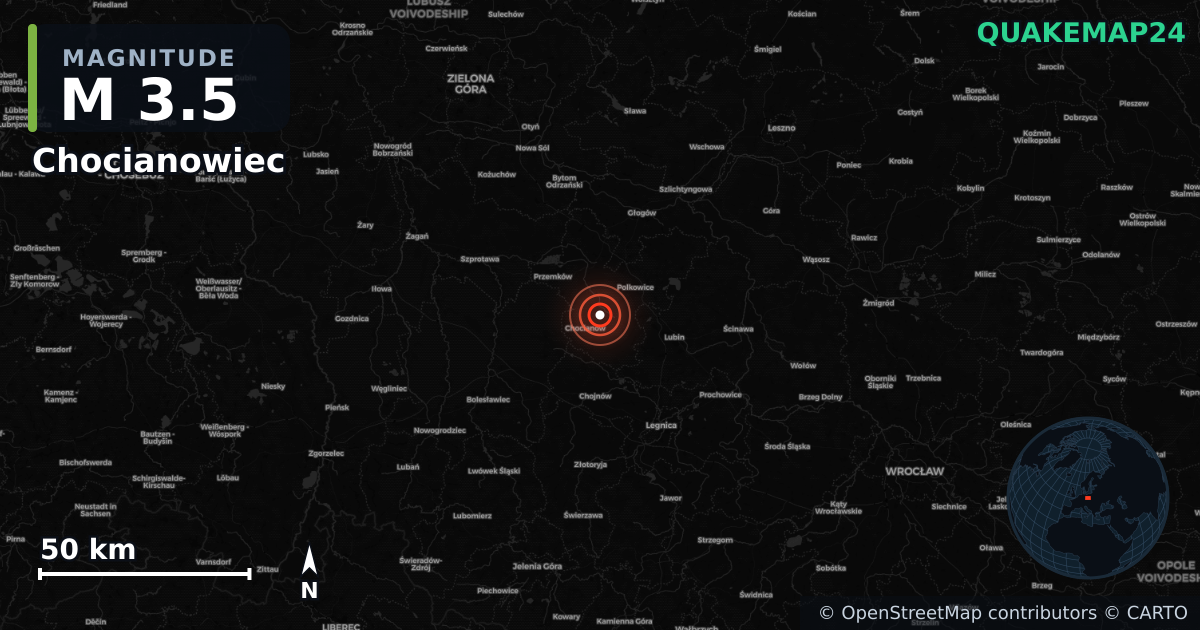 M3.5 earthquake near Chocianowiec on Oct 18, 2025 — map of epicenter and shaking intensity | QuakeMap24