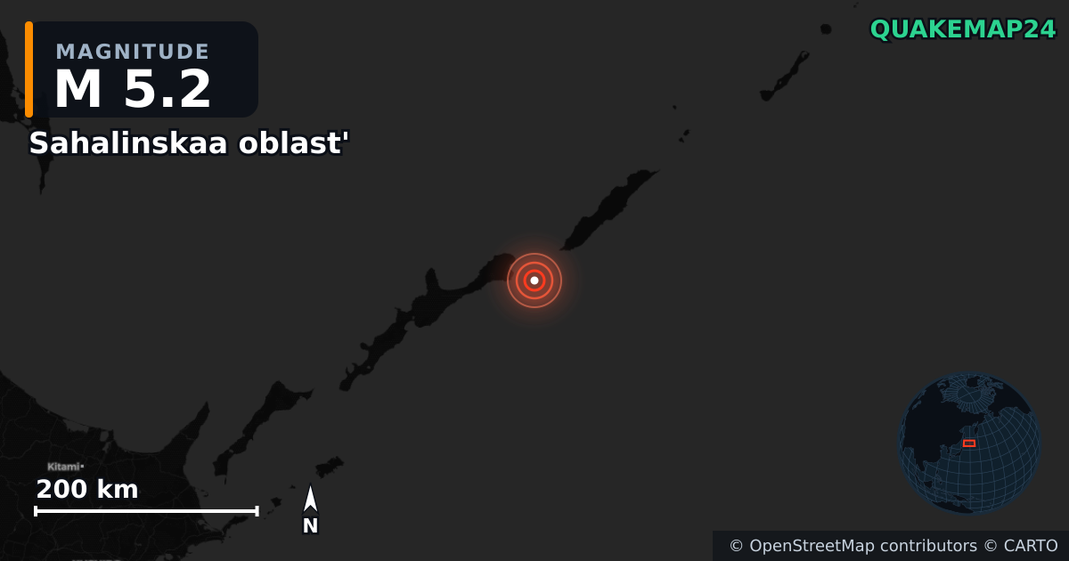 M5.2 earthquake near Sahalinskaa oblast' on Dec 16, 2025 — map of epicenter and shaking intensity | QuakeMap24