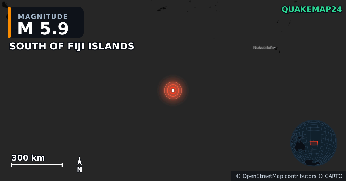 M5.9 earthquake near SOUTH OF FIJI ISLANDS on Jul 29, 2025 — map of epicenter and shaking intensity | QuakeMap24