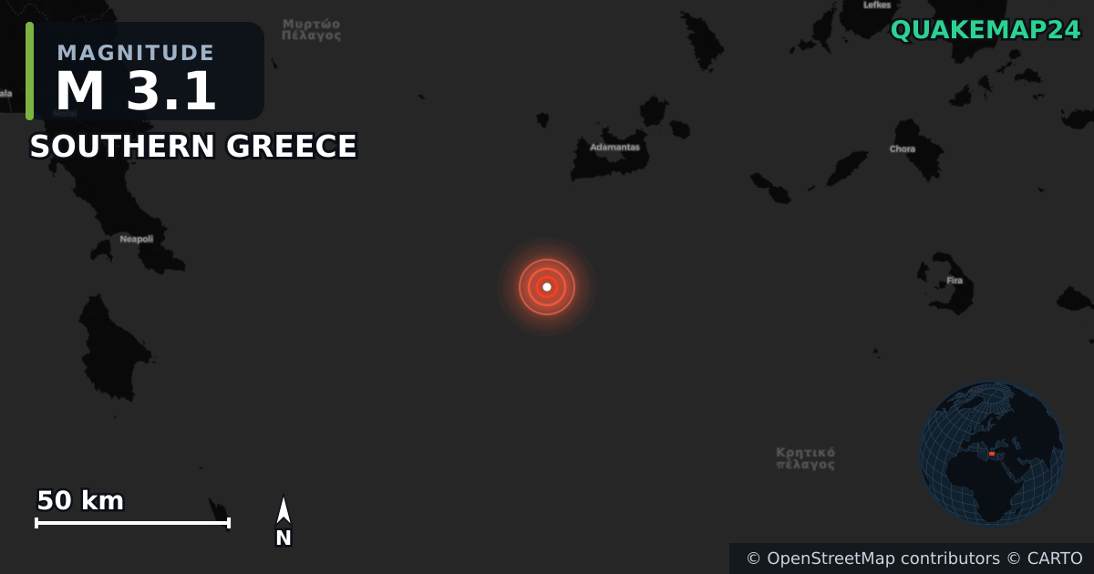 M3.1 Earthquake near SOUTHERN GREECE · 2026-04-08 — Map showing the location of the epicenter