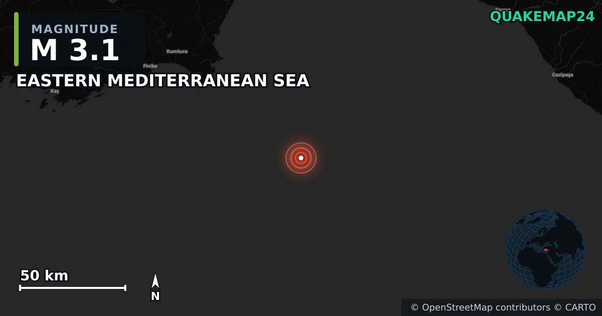 M3.1 earthquake near EASTERN MEDITERRANEAN SEA on May 9, 2026 — map of epicenter and shaking intensity | QuakeMap24